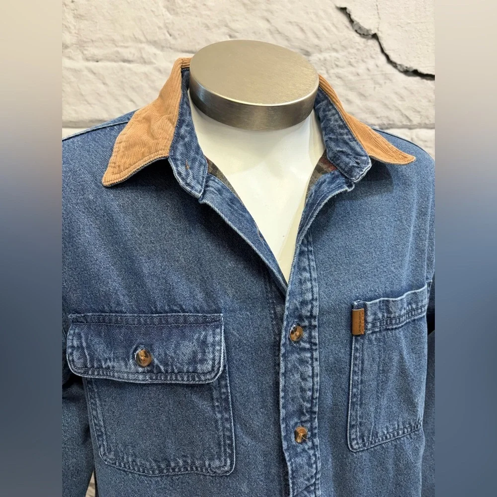 CHAPS Barn Coat Shacket Flannel Lined Denim Shirt Jacket Classic Corduroy Collar